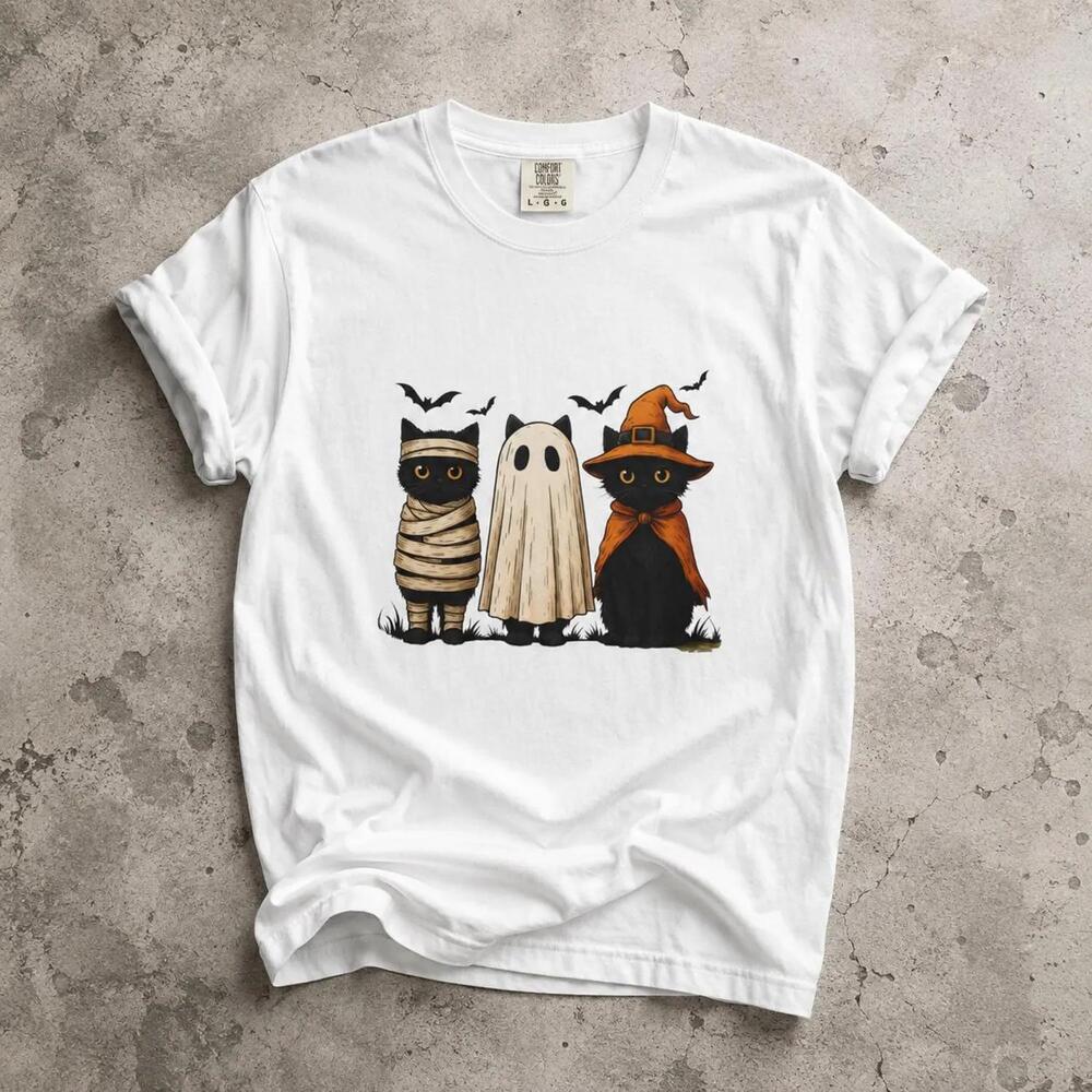 Three Halloween Kittens Tee Halloween Cat Ghost Witch T-Shirt